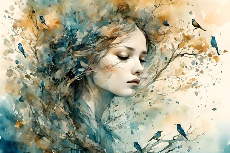 Frau Baum Vögel spirituell